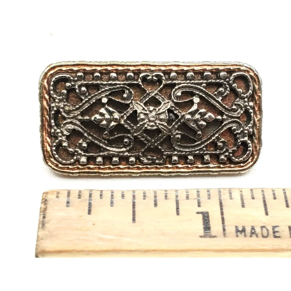 Gothic Celtic Scrollwork Openwork Bar Brooch Silver & Copper Tone 1.5